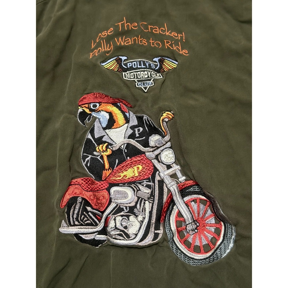 Luau Silk Shirt Mens Large Motorcycle Club Camp Biker Parrot Embroidered